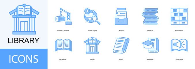 Library Management icon collection set. Containing Archive, Literature, Bookshelves, Book, Library icon.