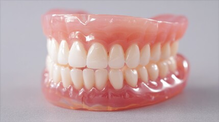 Obraz premium Full set of realistic dentures on a plain background