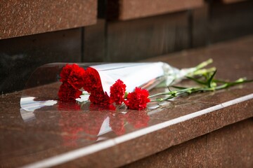 Red flower on a stone slab near the monument