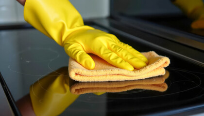 Cleaning a kitchen stove with a yellow glove and cloth for a shiny finish