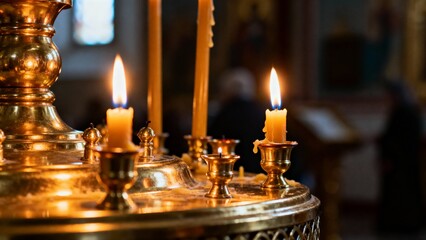 Candle lights glowing in a golden holder inside a church  