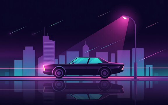 Retro car drives through a neon city at night with reflections