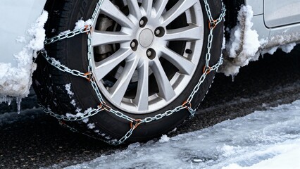 Car tire with snow chains on icy road covered in snow  