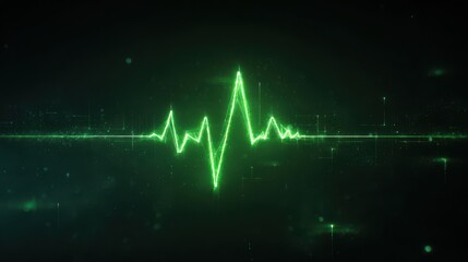 Green sound wave pulse on a dark background with particles