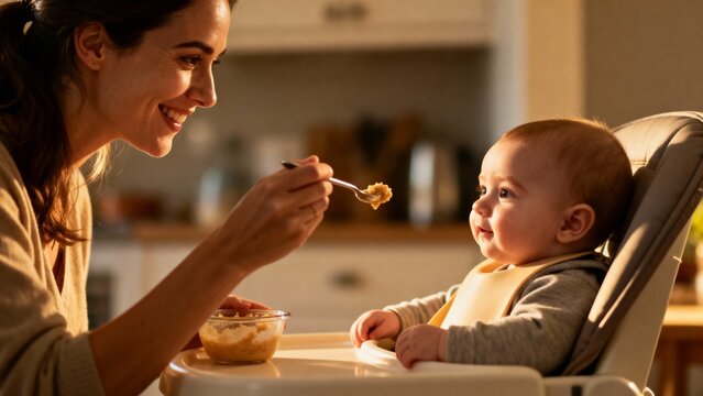 Mother feeding baby in high chair at home during daytime   - Powered by Adobe