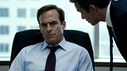 Tense businessman sitting in chair during workplace discussion