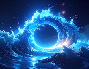 Dramatic blue wave frames a glowing portal in starry cosmos