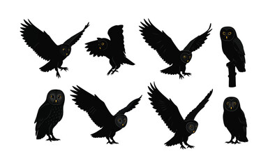 Dynamic black owl vector set, showcasing various flight and perching poses with prominent yellow eyes