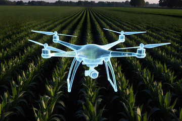 Futuristic drone surveying a vast green agricultural field at sunset
