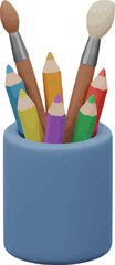 Colorful pencils and brushes in a blue holder