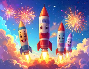 Festive Cartoon Rockets Launching