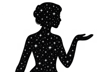 Woman silhouette with stars and cosmic galaxy universe, showing celestial body, spiritual feminine energy with transparent background