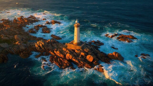 Lighthouse on rocky coast at sunset with crashing waves