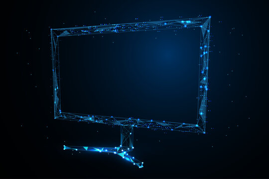 A digital illustration featuring a computer monitor rendered in a futuristic, low poly or polygonal wireframe style against a solid black background.