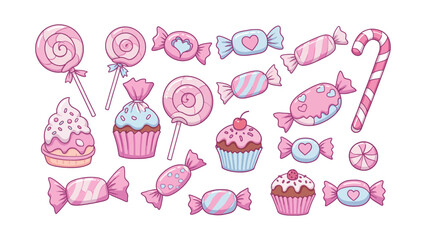 Pastel Candy Collection Cupcakes, Lollipops, and Wrapped Sweets