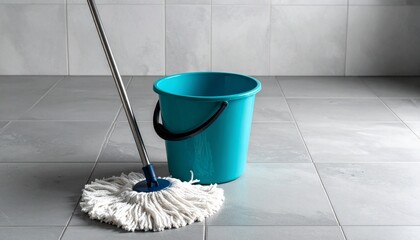 Turquoise bucket and white string mop with metal handle on light gray tiled floor.