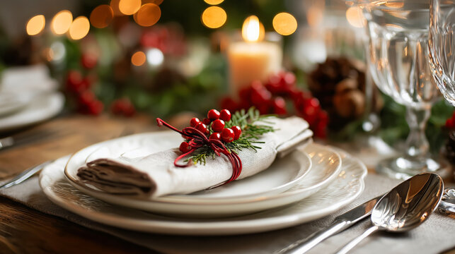 Table setting with a white napkin and a red flower on it. The napkin is tied with a red ribbon and the table is set with a fork, knife, and spoon. The table is decorated with a Christmas tree
