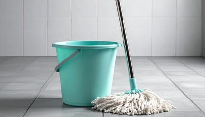 Turquoise bucket and white string mop with metal handle on light gray tiled floor.