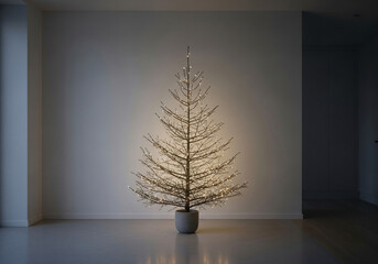 Natural Christmas tree with warm lights in a modern minimalist living room, a cozy and peaceful atmosphere on Christmas Eve with simple decorations.