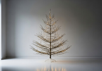 Natural Christmas tree with warm lights in a modern minimalist living room, a cozy and peaceful atmosphere on Christmas Eve with simple decorations.