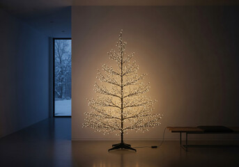 Natural Christmas tree with warm lights in a modern minimalist living room, a cozy and peaceful atmosphere on Christmas Eve with simple decorations.