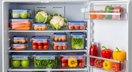 A well-organized refrigerator filled with fresh fruits and vegetables in airtight containers for healthy meal preparation