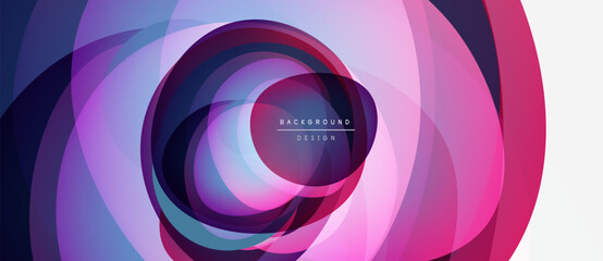 Abstract layers create circular pattern. Vibrant purple, blue, pink hues blend. Modern design evokes depth, movement, energy.