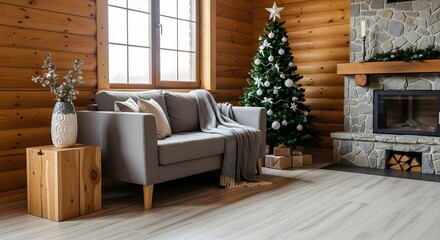Obraz premium Cozy living room with a decorated Christmas tree, stone fireplace, and comfortable sofa creating a warm holiday atmosphere