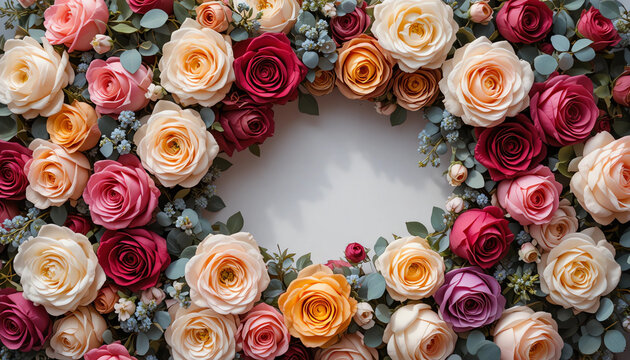 Top view of mixed roses and eucalyptus forming circular pattern"