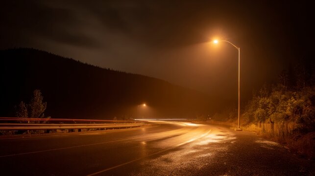Night travel on a city highway with car light trails streaking across the asphalt and concrete landscape
