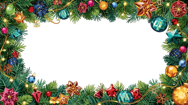 Festive Christmas frame with ornaments and evergreen branches creating a joyful holiday vibe for greetings, invitations and seasonal designs