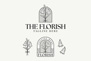 Bellflower bouquet elegant logo in minimal line art style for florist, boutique, skincare, wedding. Feminine campanula botanical floral retro badge logo design for beauty care, spa, salon, cosmetic