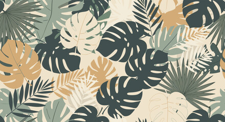 Seamless tropical leaves pattern featuring monstera and palm foliage in muted earthy tones, perfect for backgrounds and textile designs.