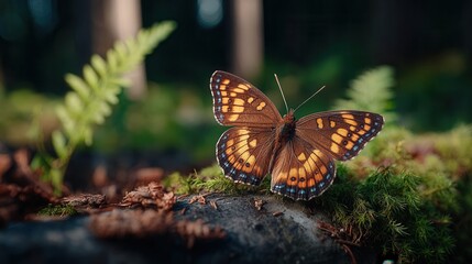 Obraz premium Speckled wood butterfly on a mossy log in a forest setting, showing intricate wing patterns and a sense of natural beauty, perfect for conservation themes