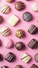 Assorted Chocolate Truffles and Pralines with Stripes and Nuts on a Pink Background