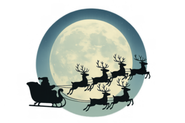 Santa claus riding sleigh with reindeer flying against full moon at christmas night, transparent background