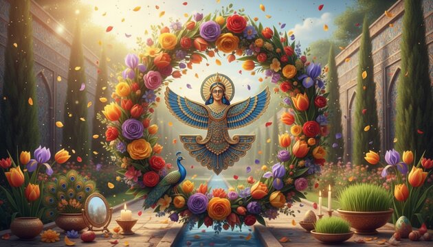 Happy Parsi New Year celebration background for religious holiday of Navroz Mubarak.