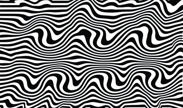 Black and white wavy abstract pattern forming fluid movement, creative optical flow design with smooth continuous lines, minimal geometric background for digital or print use.