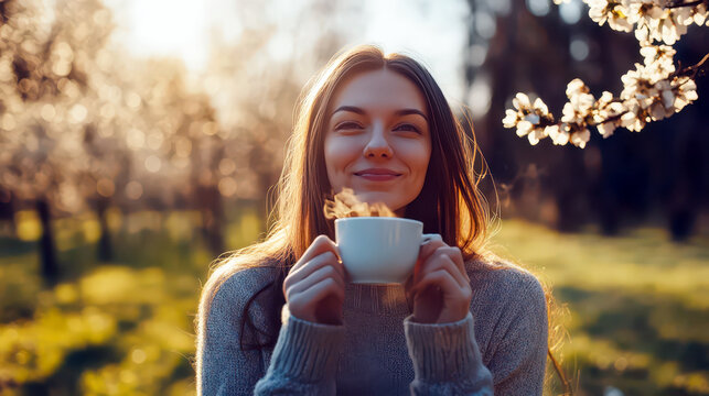 Celebrating International coffee day in a serene springtime garden setting