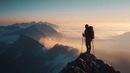 Silhouette of a man on the peak of a mountain against a sunset sky, a symbol of hiking success and adventure in nature