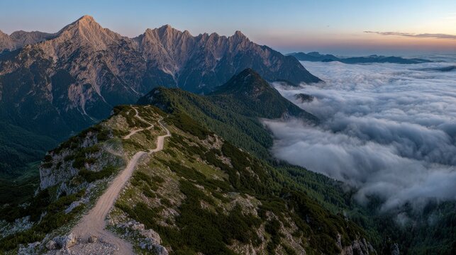 Alpine panorama from the peak with high snow-capped mountains, a summer sky, and a view over the clouds to a valley and a lake - Powered by Adobe