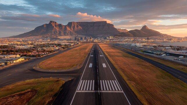 A High Resolution image of runway leading to table mountain and cape town cityscape at sunset.