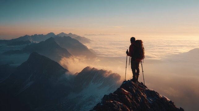 Silhouette of a man on the peak of a mountain against a sunset sky, a symbol of hiking success and adventure in nature - Powered by Adobe