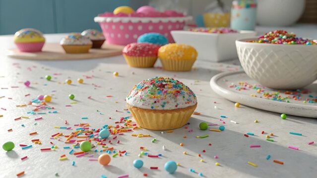 Cupcake with colorful sprinkles scattered on a table