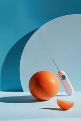 World diabetes day concept with orange and glucometer against blue background. Vertical banner. Copy space. Healthcare and medical concept