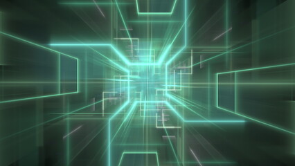 Bright green lines create a vibrant abstract landscape that suggests motion in a high-tech environment. depth and brightness evoke a sense of exploration in a digital world. 3d render