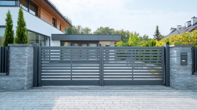Modern automatic sliding gate with stone pillars in front of a house