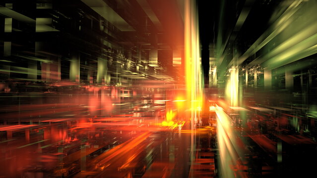 Vibrant streaks of color and light create a dynamic, abstract scene that evokes energy and movement in a futuristic digital landscape filled with depth and structure. 3d render