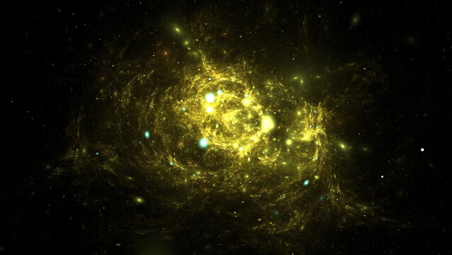 Golden light swirls in a cosmic display, capturing a fascinating galactic formation in the dark expanse of space, evoking a sense of wonder about the universe. 3d render