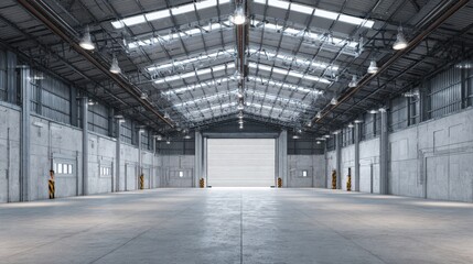 A High Resolution image of spacious empty industrial warehouse interior with concrete floor and metal roof.